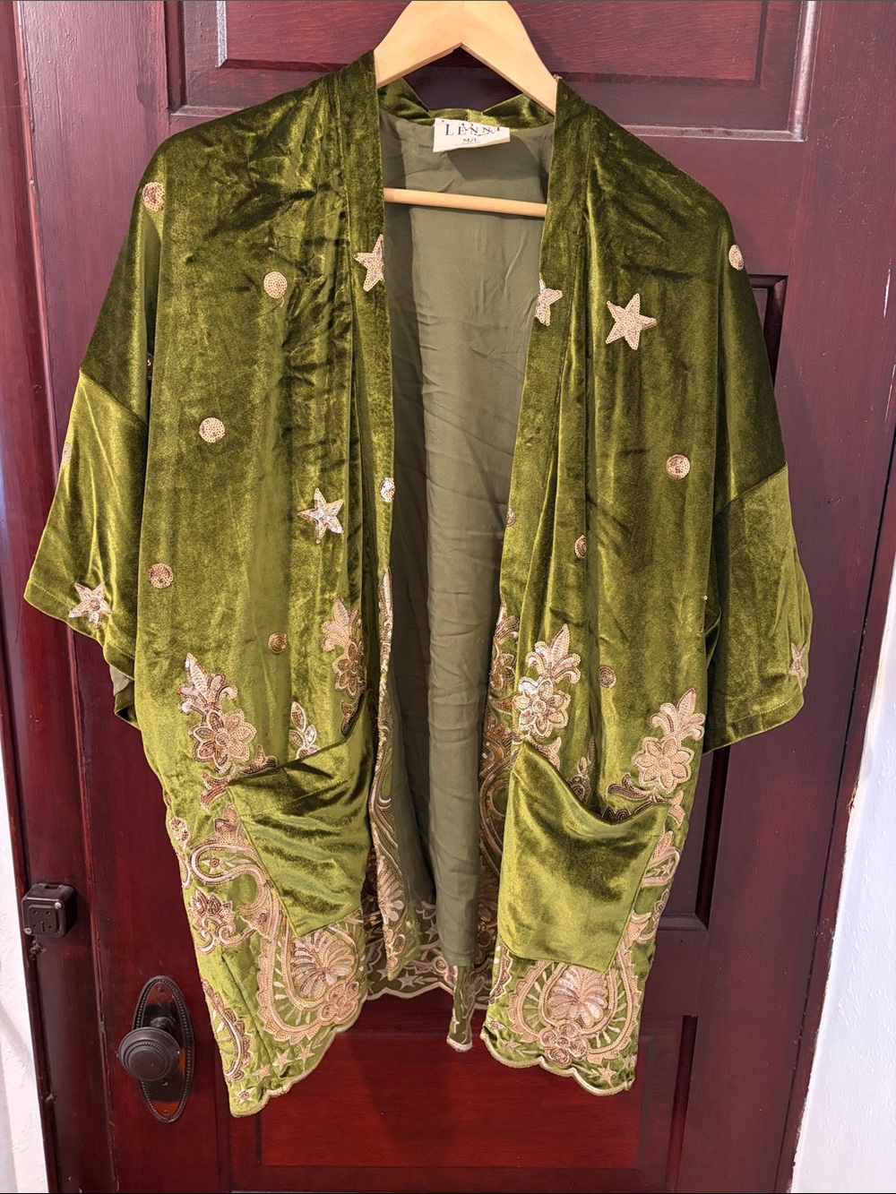 Olive Green Velvet Embroidered Kimono Cape by LES N